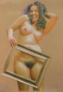 Nude with picture frame on brown fabric