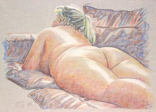 Curvy lying nude on grey upholstery fabric