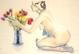Nude attending to tulips