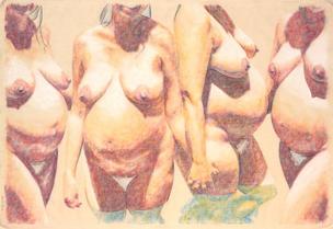 Four pregnant nudes standing in water